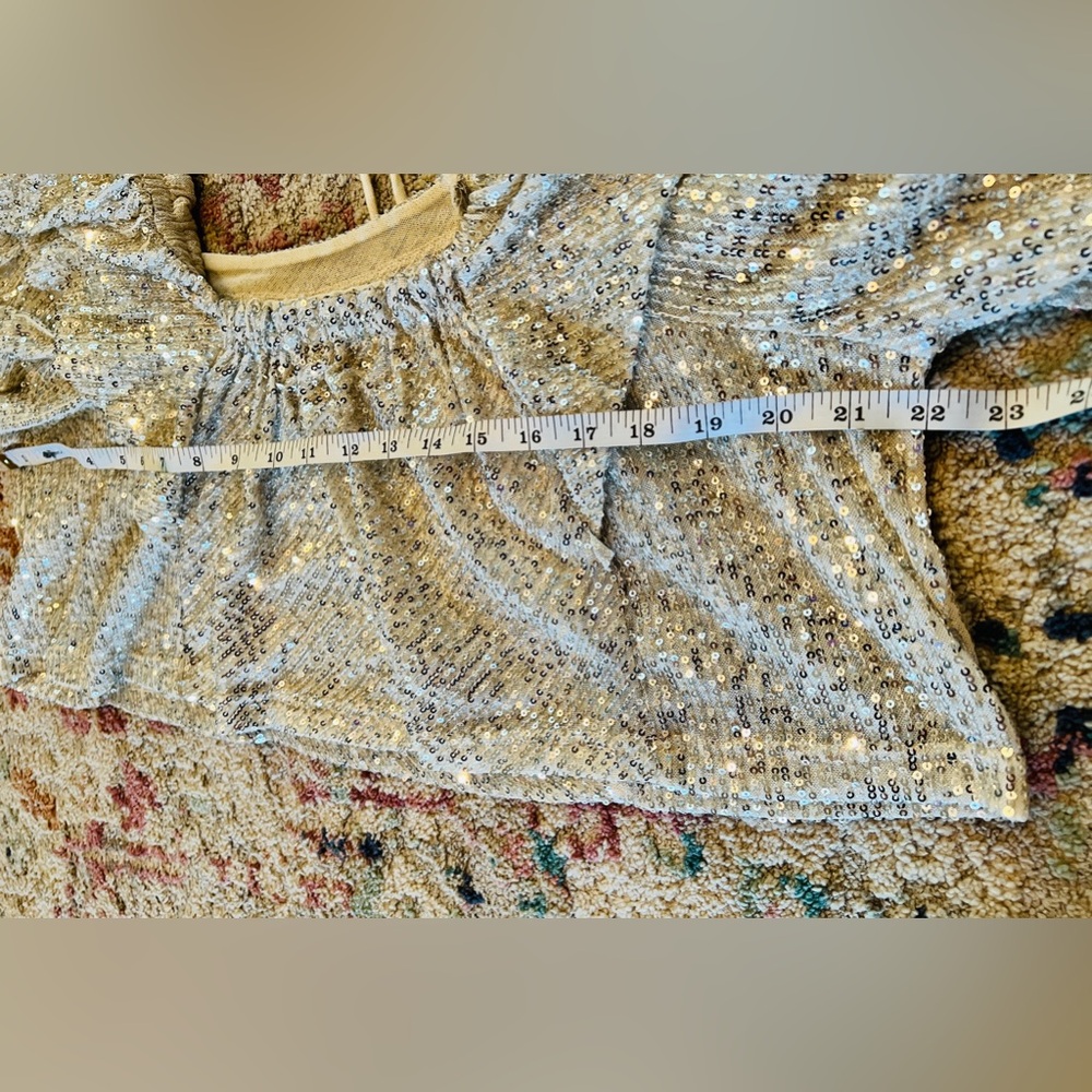 Free People Silver Tiered Ruffle Balloon Sleeve Sequin Flowy Top Size XS NWT - Picture 13 of 13